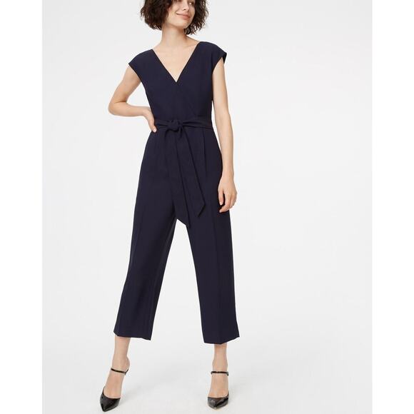 CLUB MONACO Lorenny Jumpsuit Straight Leg Navy Blue Belted Cross Front | 2 - Picture 1 of 11
